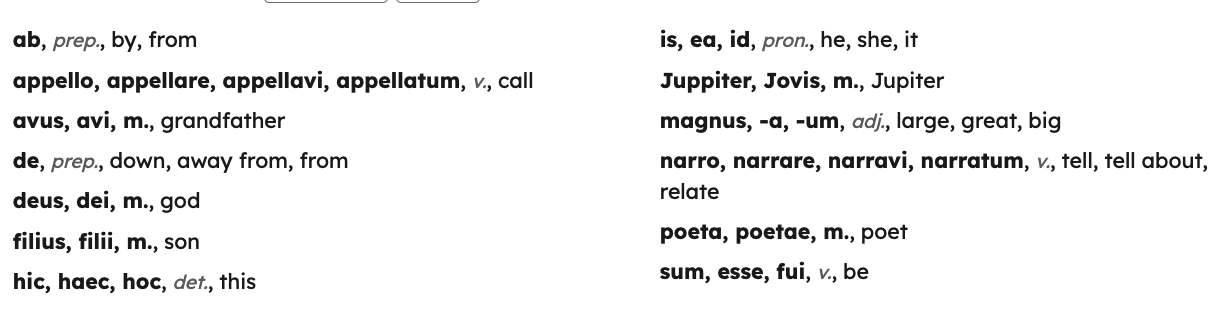 LatinCy Vocab list based on the opening sentences of Ritchie's Fabulae Faciles, including entries for ab, appello, avus, etc.