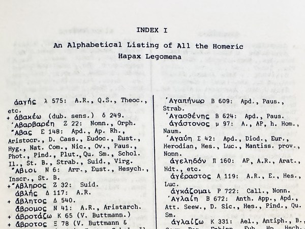 Opening page of M.M. Kumpf's Index I from his book on Homeric hapax legomena
