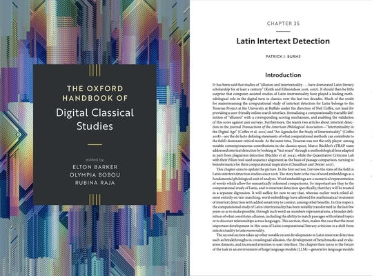 Cover for Oxford Handbook of Digital Classical Studies with first page of chapter by Patrick J. Burns called "Latin Intertext Detection"